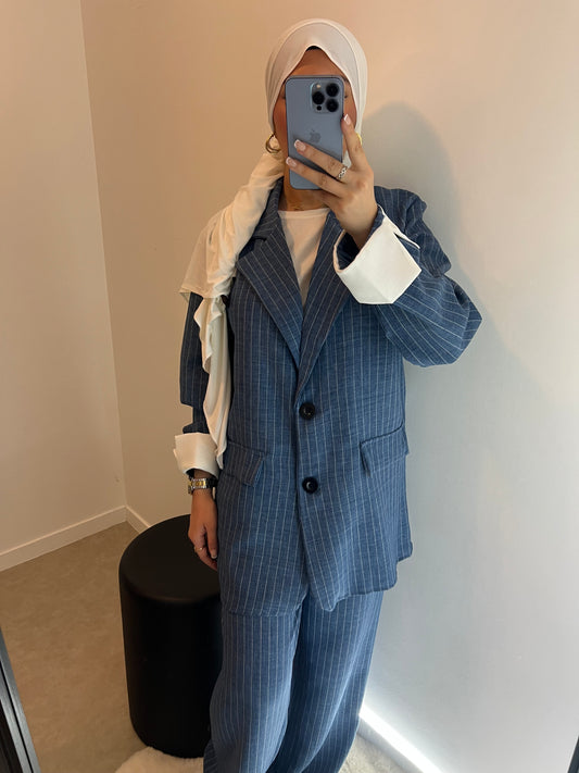 Ensemble blazer pantalon bleu effet jeans