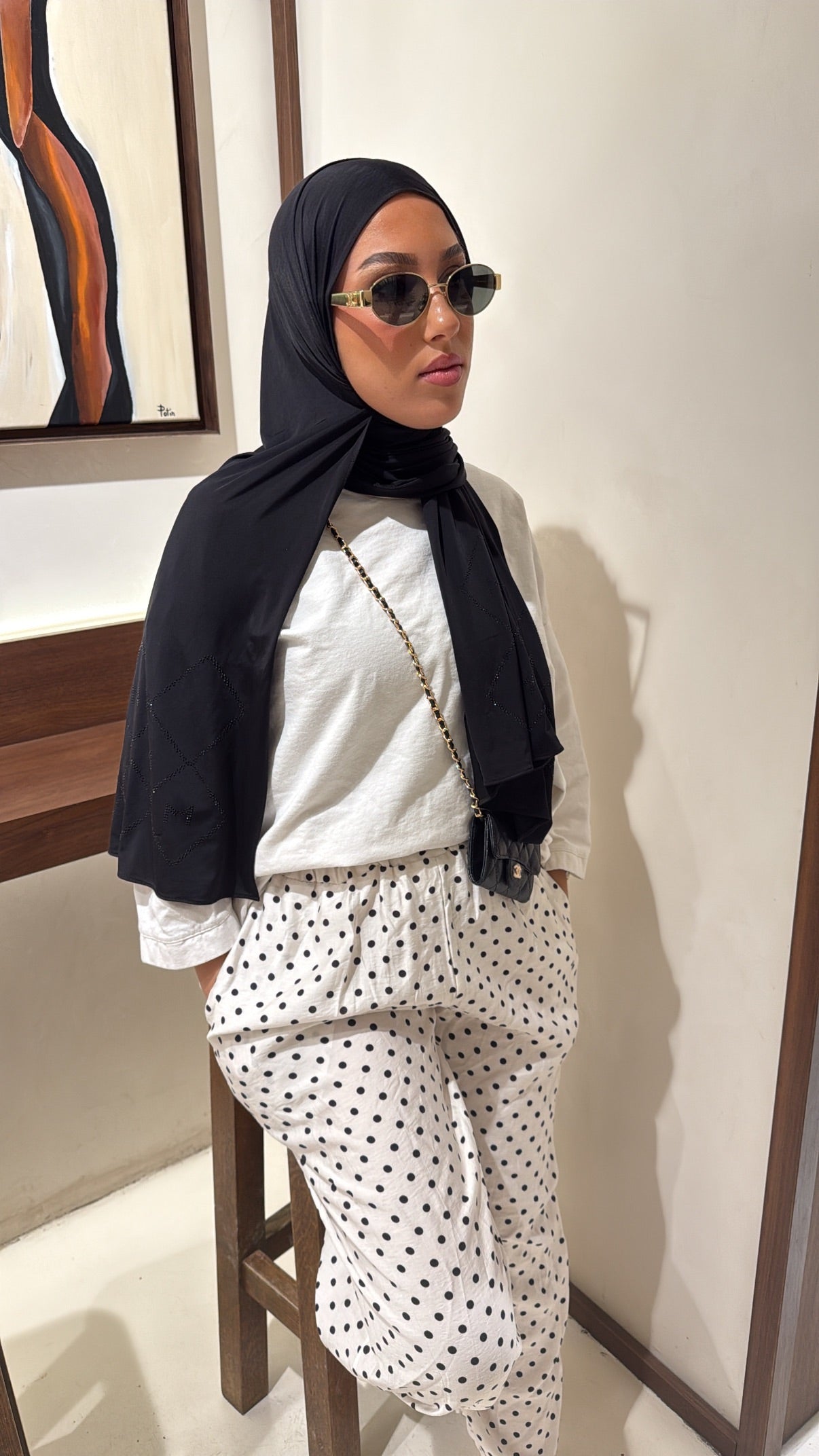 Pantalon blanc 3/4 à pois