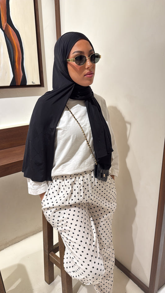 Pantalon blanc 3/4 à pois