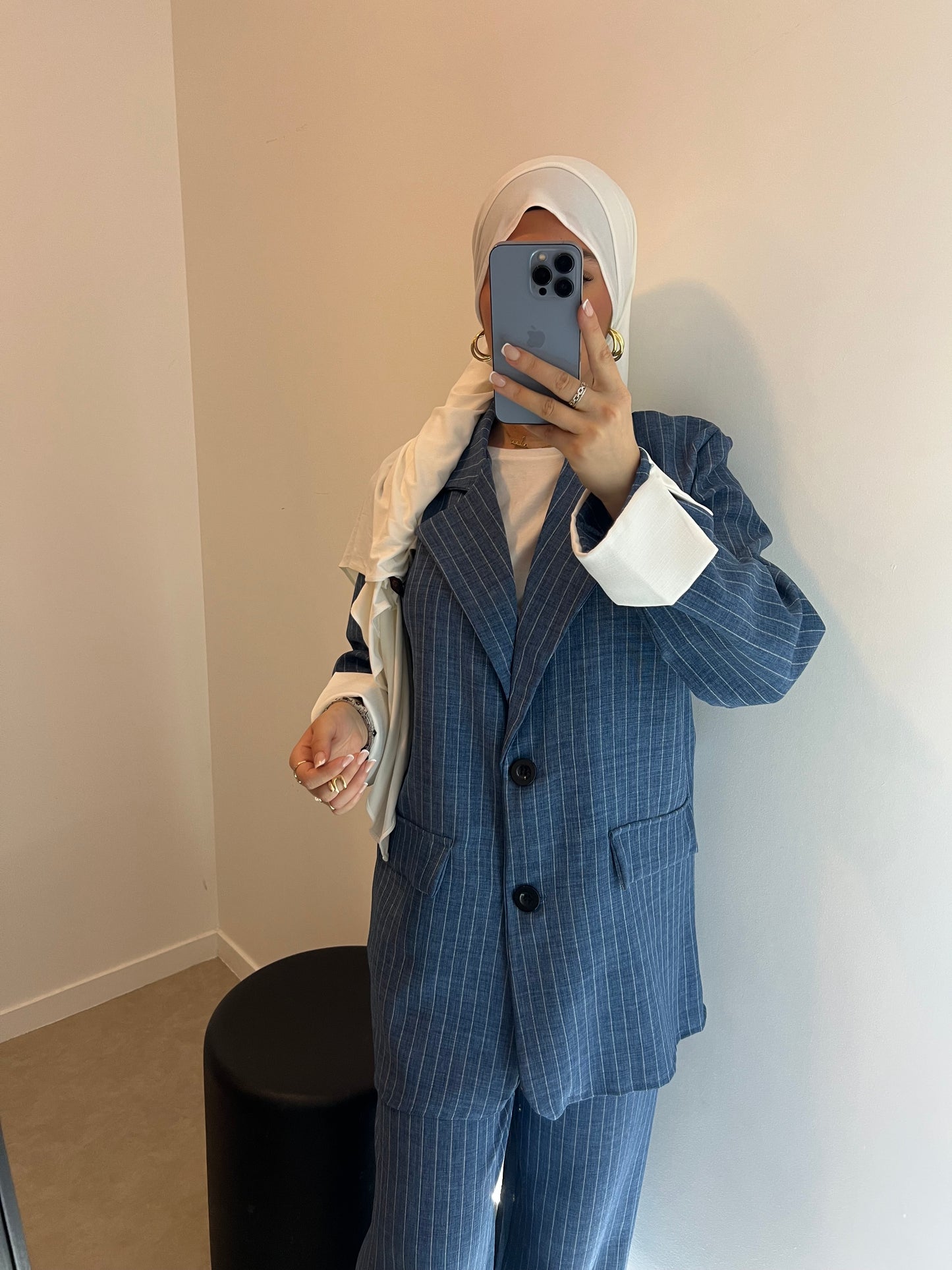 Ensemble blazer pantalon bleu effet jeans
